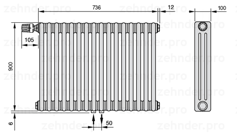 Схема (чертеж) Радиатор Zehnder Charleston 3090/16 №V007 Белый глянцевый RAL 9016